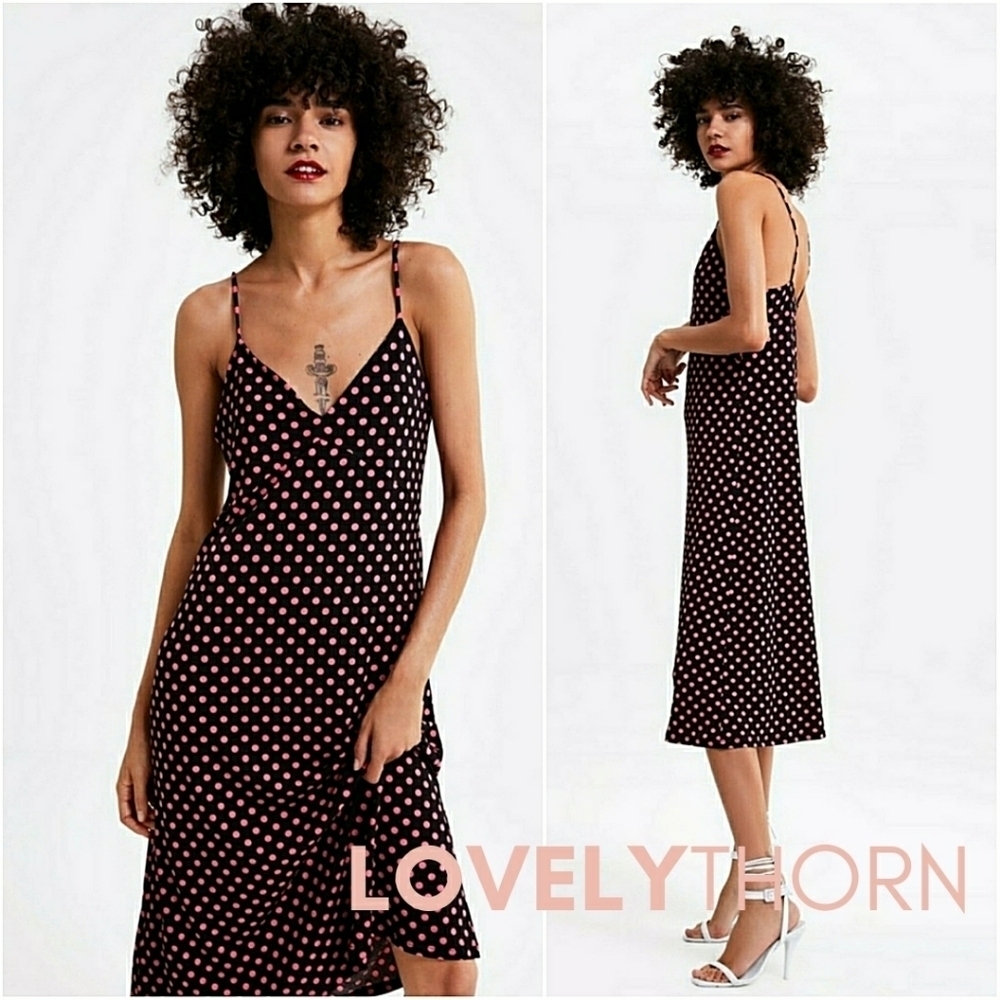 ZARA // ultra-chi black with pink polka dot slip dress